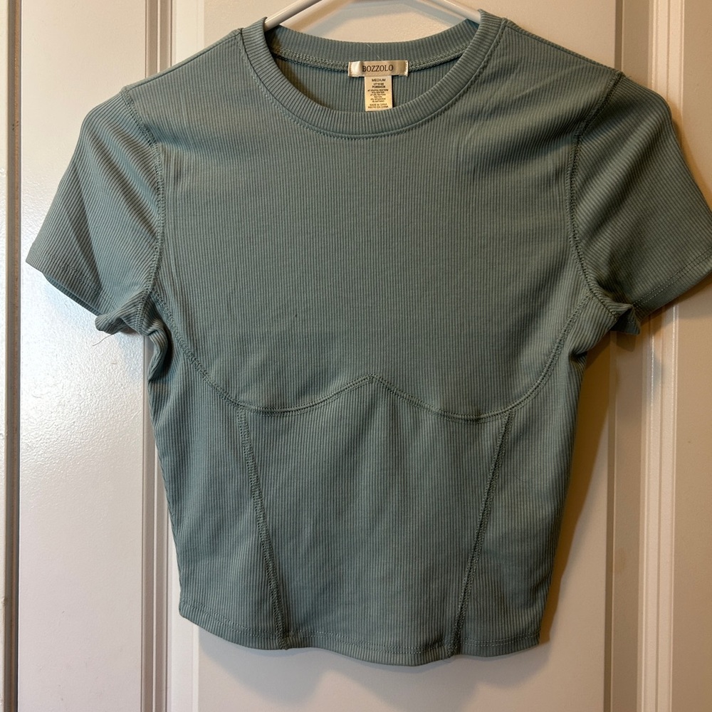 Bozzolo Sage Green Ribbed Short Sleeve crop Tee